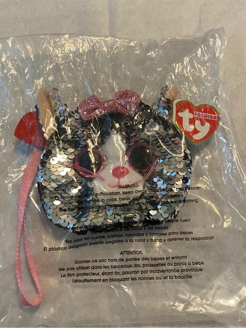 Ty Sequin Cat “Kiki” Wristlet Coin Purse with Pink Bow and Strap
